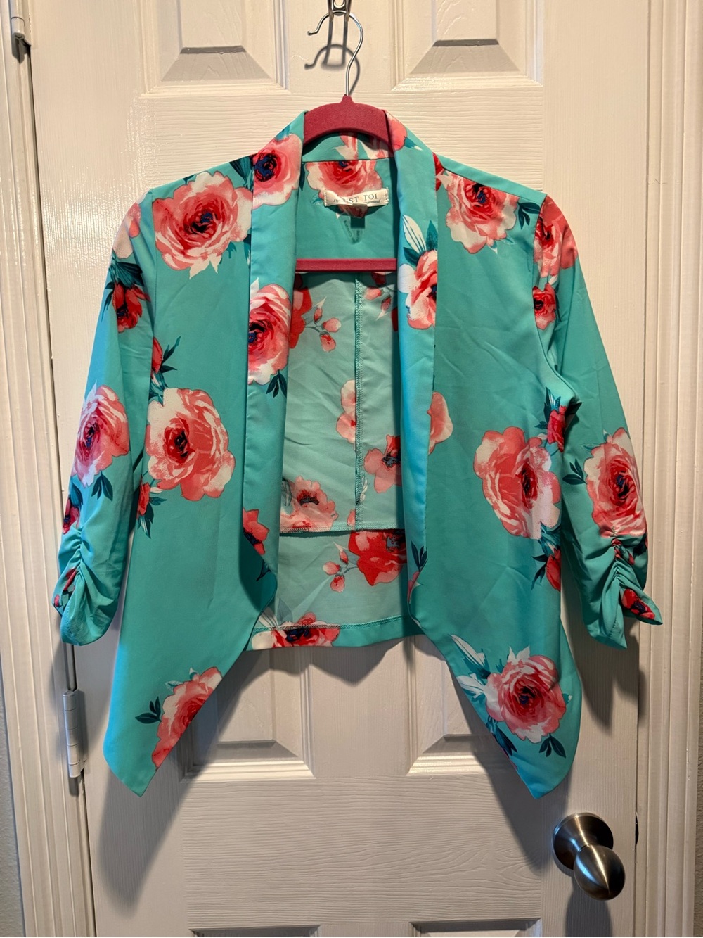 C’EST TOI Floral Open Front Waterfall Blazer Jacket Small Aqua Pink
